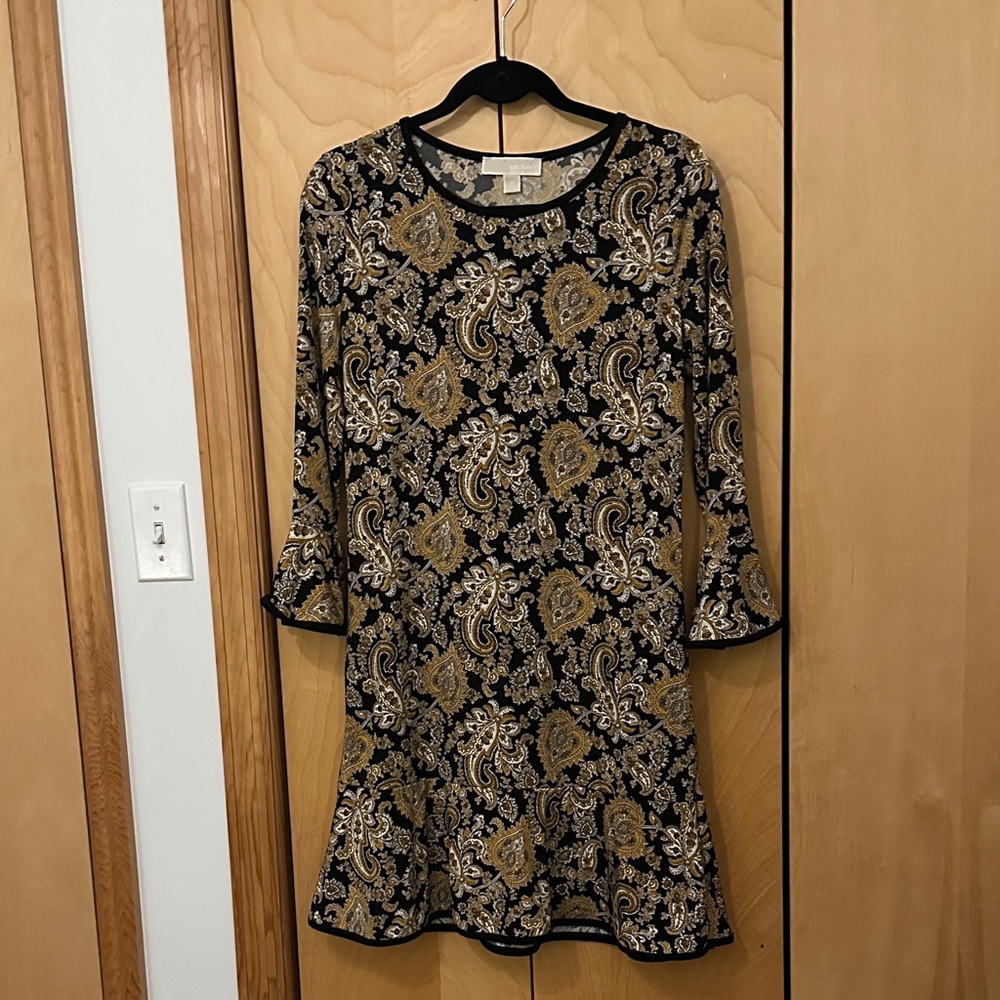 MICHAEL Michael Kors Black and Gold Paisley Long Sleeve Dress
